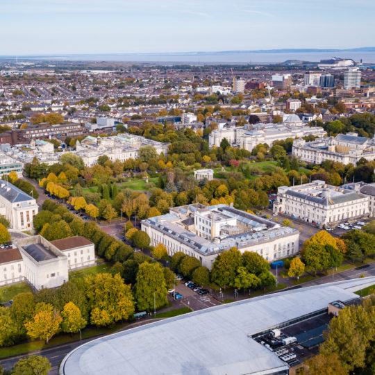 Cardiff city centre in the autumn viewed from the air
