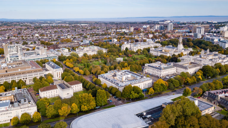 Cardiff city centre in the autumn viewed from the air