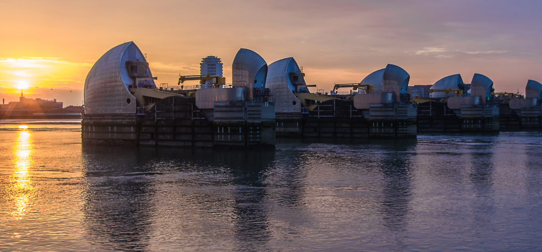 London's flood barrier on river Thames and Canary Wharf