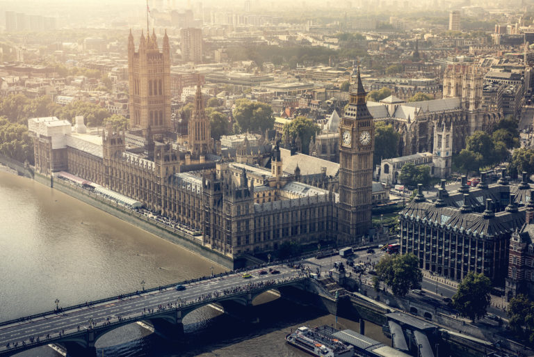 UK Parliament in London city aerial view
