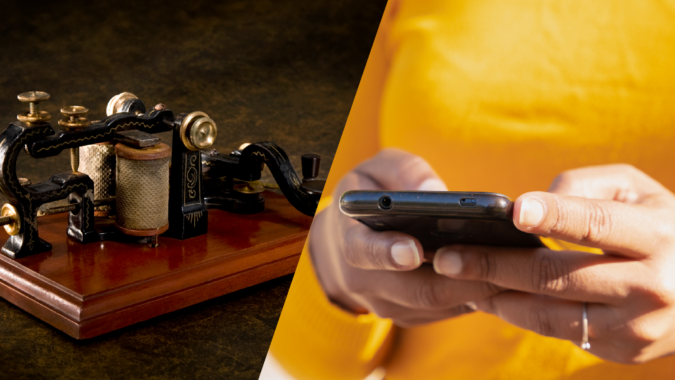 image of a telegraph machine and a mobile phone