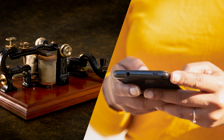 image of a telegraph machine and a mobile phone