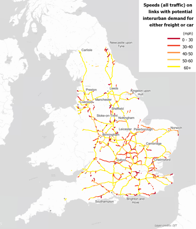 Map showing average road speeds vary across the country