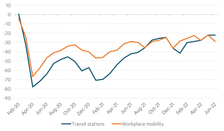 Chart comparing levels of transit use and workplace mobility