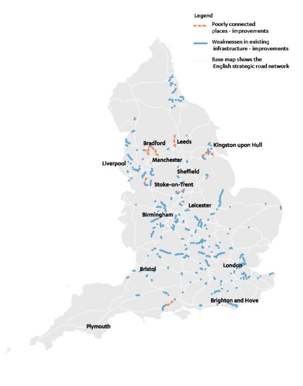 Map showing priority investments in roads network in England