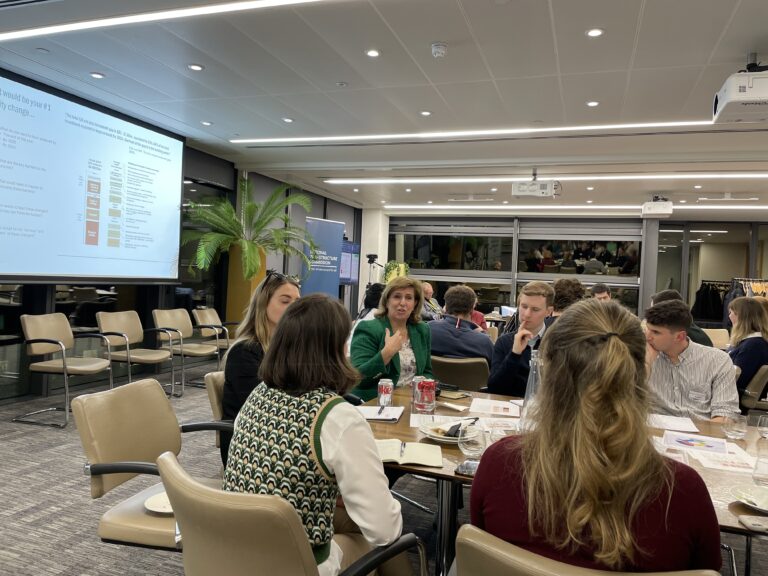 Julia Prescot, Deputy Chair of the NIC (centre, in green) discussing net zero pathways with participants at the YPP event, London, March 2023