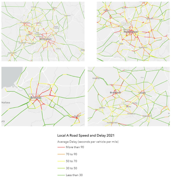 Maps showing levels of road congestion across four English cities