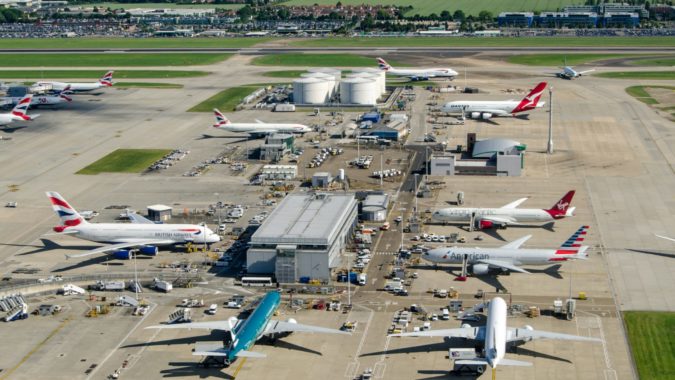Planes parked at Heathrow Airport