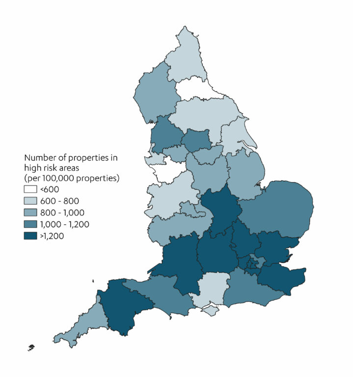 Map showing number of properties in high risk areas in England