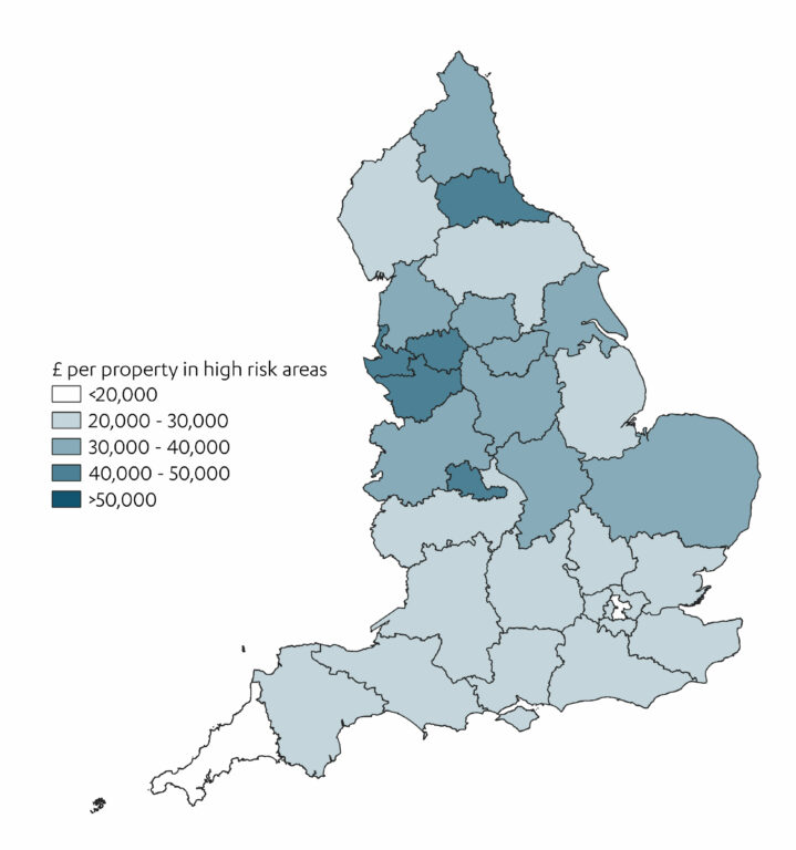 Map of England showing investment levels by 2055 per property at high risk