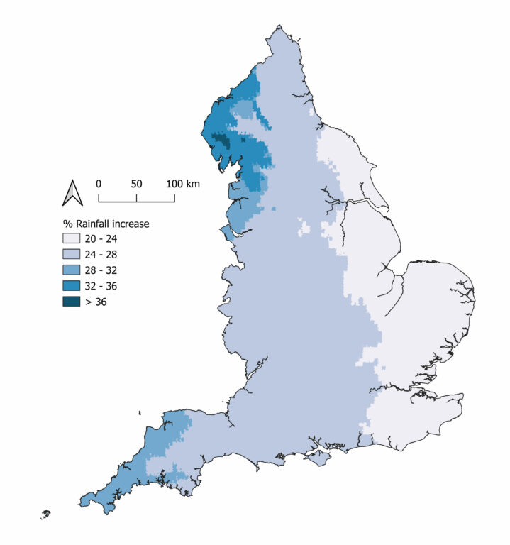 Map of England showing increase in rainfall by the 2080s