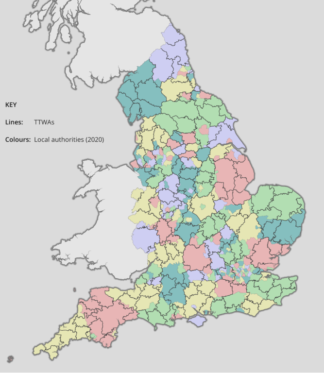 Map showing local authorities and travel to work areas