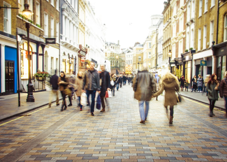 Blurred crowd of people on a UK high street