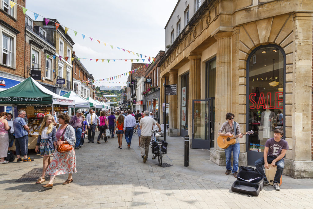 Pedestrianised high street in Winchester, Hampshire, UK