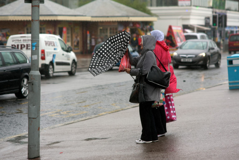 Women dealing with stormy weather