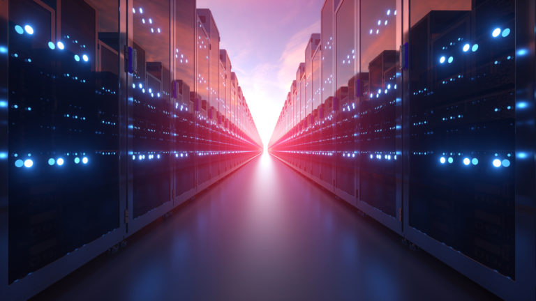3d rendering of rows of network servers machine farm cloud computing hardware on blue sky background.