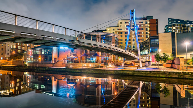 Footbridge across the Aire River in West Yorkshire, England