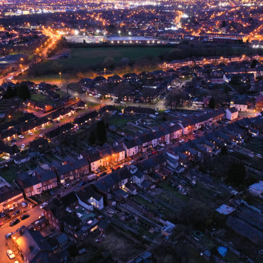 Night time cityscape of houses in Walsall, UK