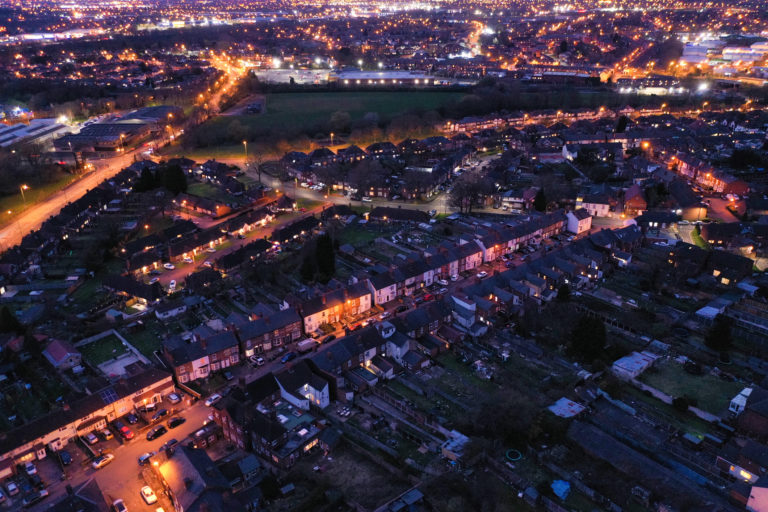 Night time cityscape of houses in Walsall, UK