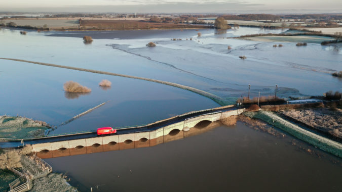 Aerial image of the bridge over the River Derwent at Bubwith in Yorkshire during a flood