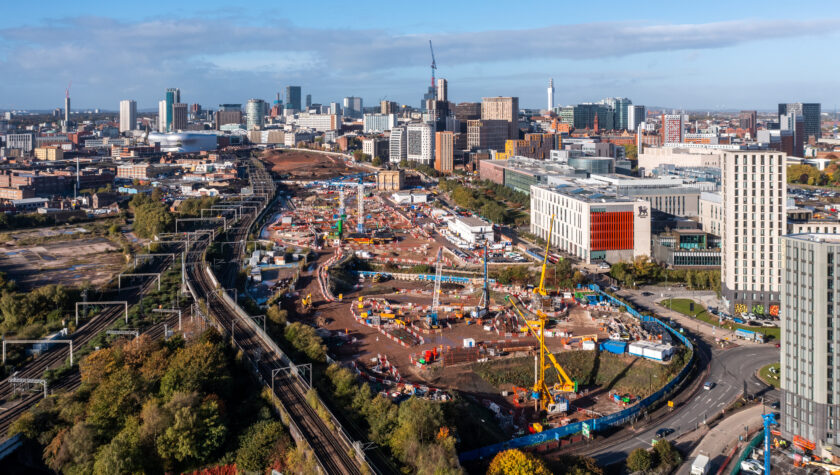 Birmingham, UK - October 17, 2022. An aerial view of the construction site of the HS2 rail project in Birmingham city centre
