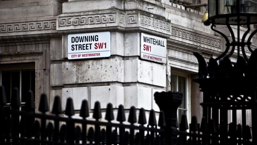 The roadsign for Downing Street in London