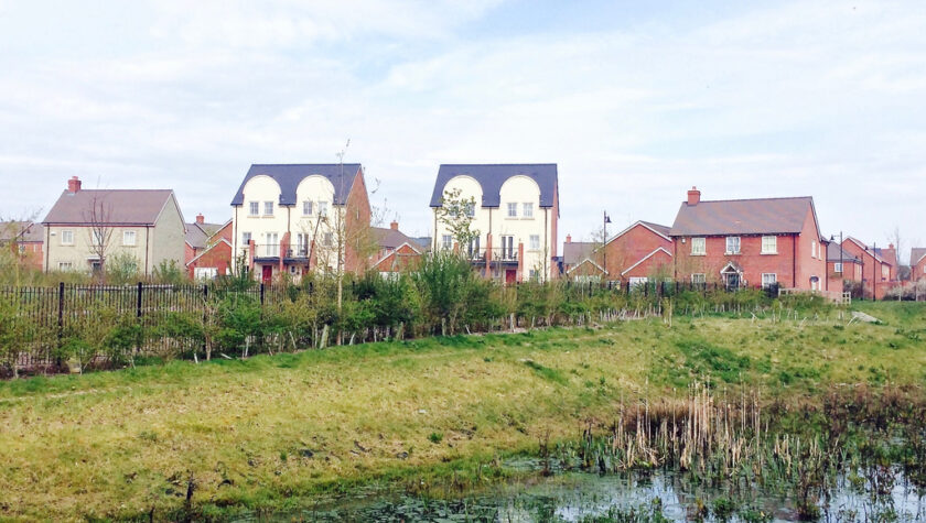 New housing estate on the outskirts of a rural Dorset town. View from the sustainable urban drainage