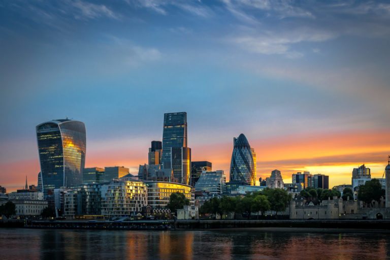 Skyline of The City in London, England at sunrise