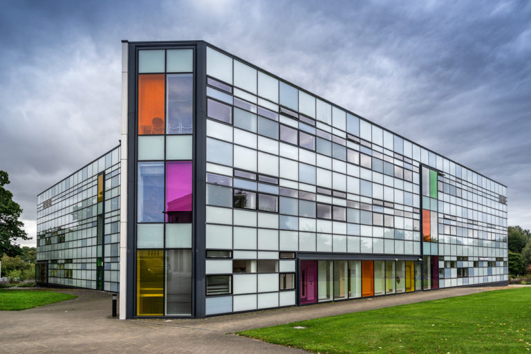 Colourful building at the Open University in Milton Keynes