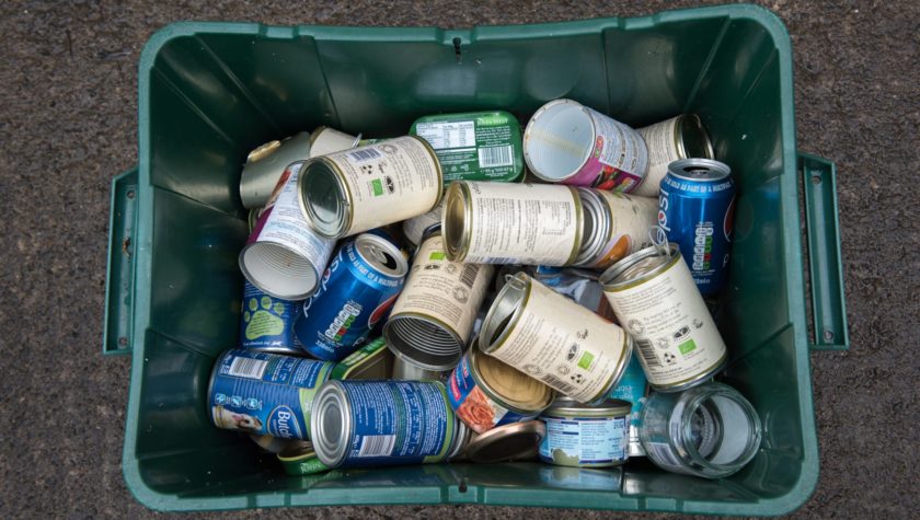 Tin cans in a recycling bin