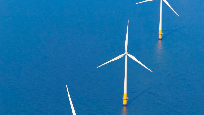 Aerial view of an offshore wind turbine