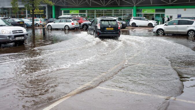 A flooded supermarket carpark in Belvedere, Kent